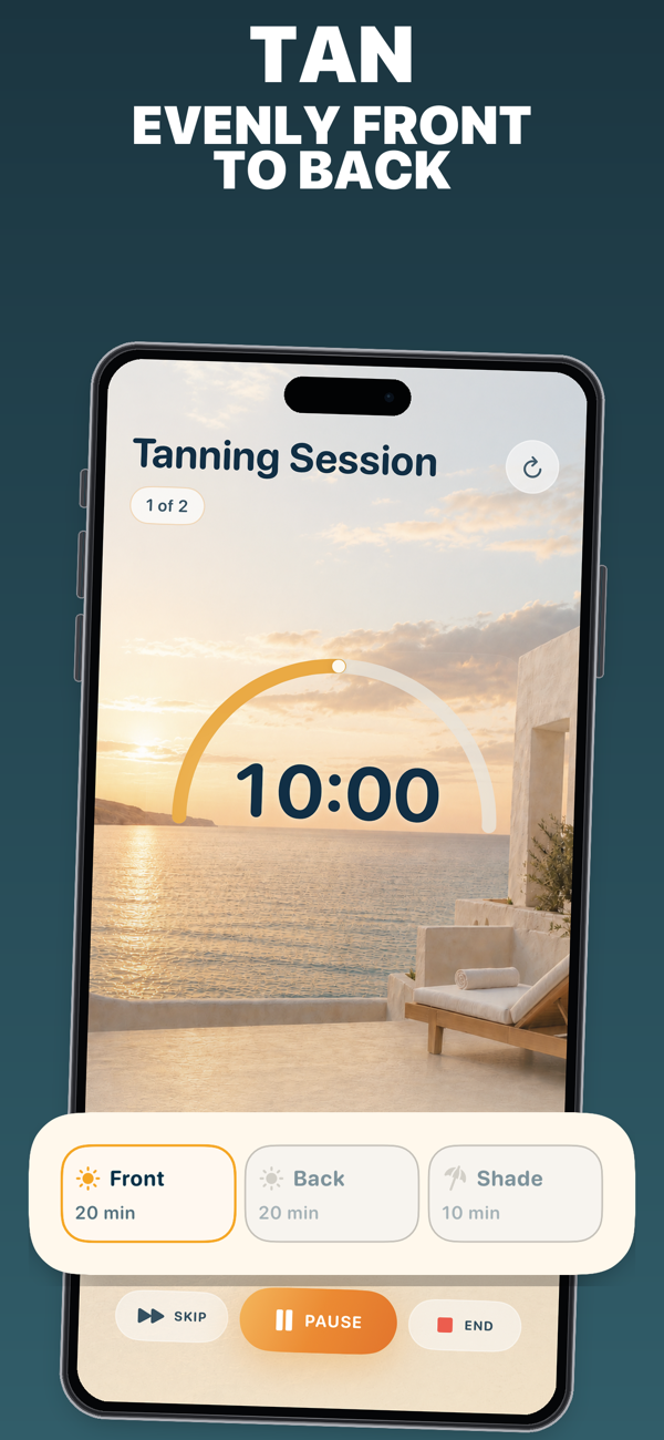 Guided tanning timer with front, back and shade phases